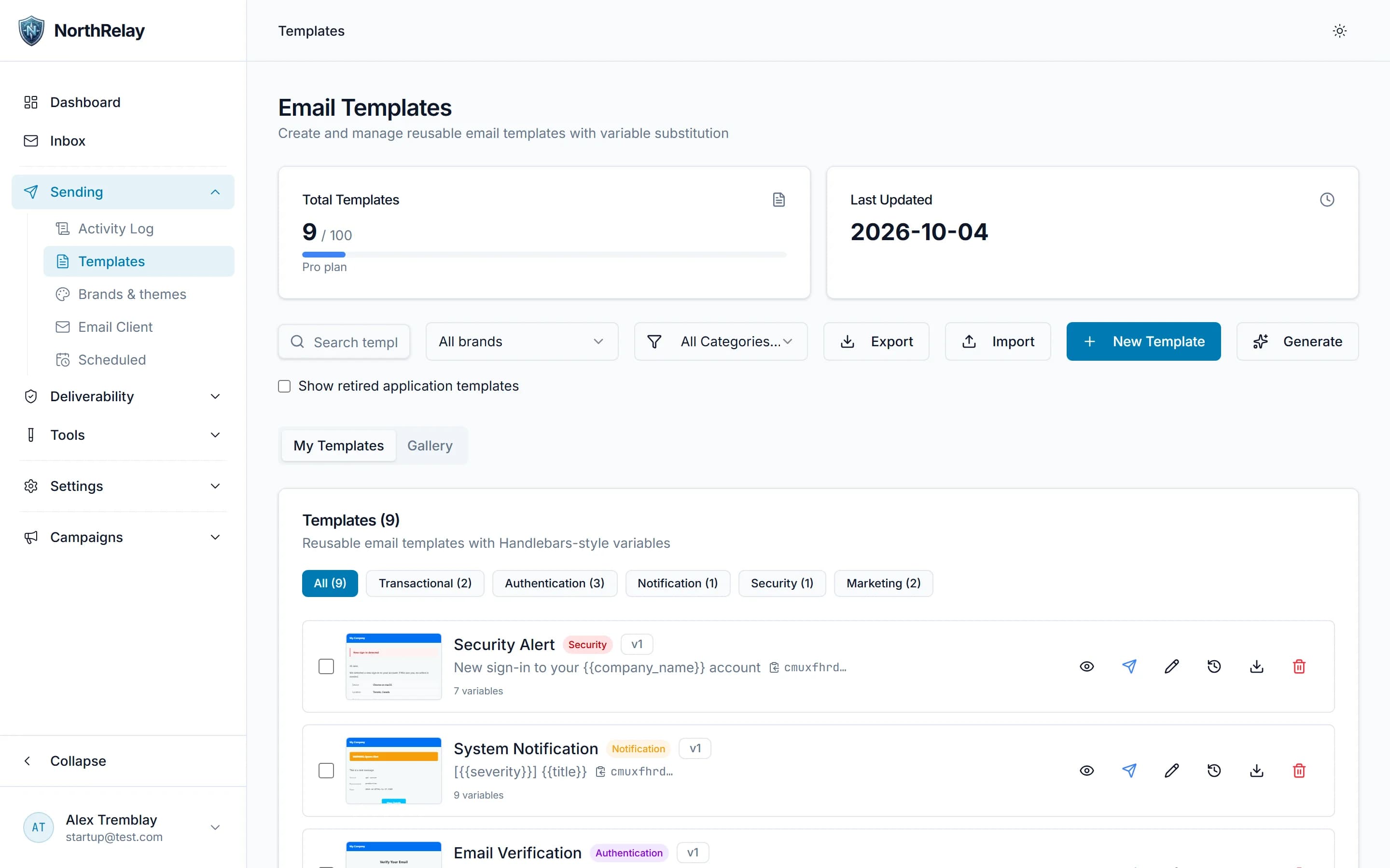 Email templates page listing categorised templates with versions, variables and preview, send, edit and history actions